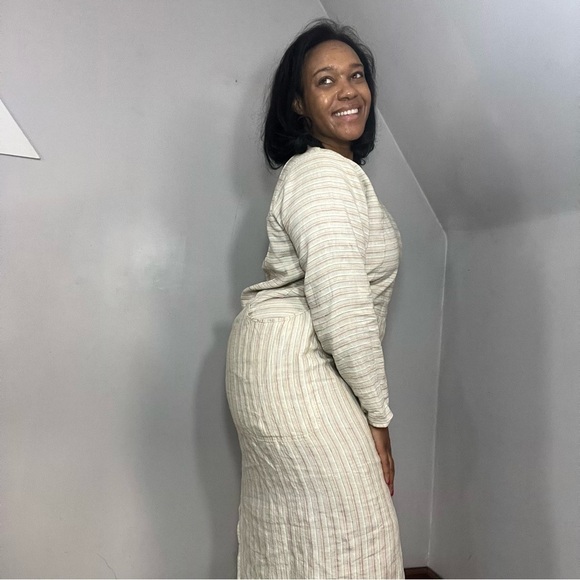 Vintage FLAX by Jeanne Englehart 70s cream striped linen long sleeve maxi dress - Picture 10 of 15